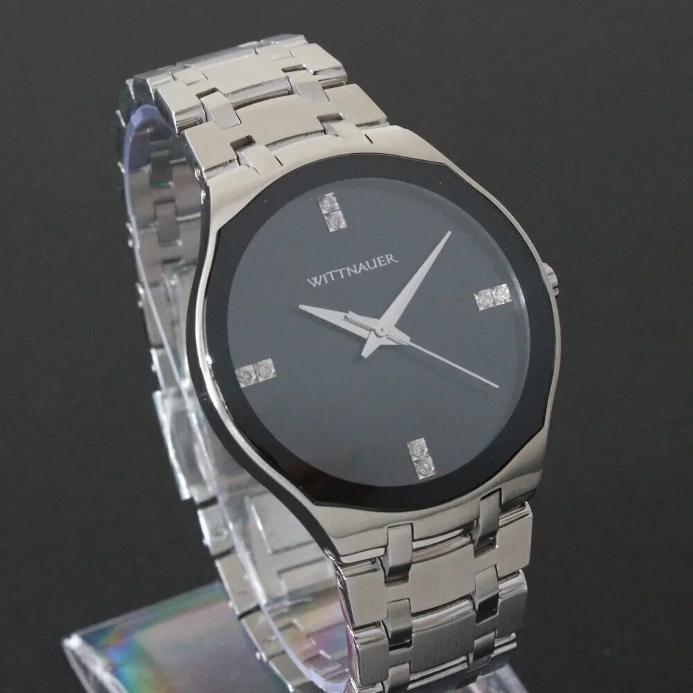 Wittnauer Ladies Dress Watch 8 Diamonds On Black Sun-ray Dial 36mm